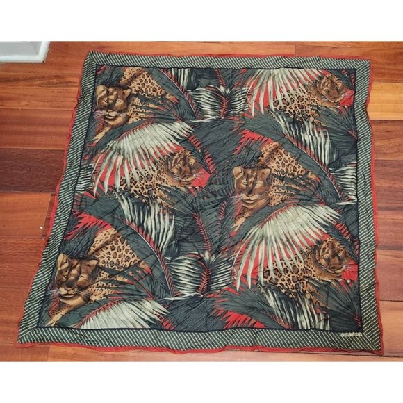 Ellen Tracy 34” Square Scarf Leopard Jungle Print Tropical Boho Wrap Shawl - Picture 7 of 9